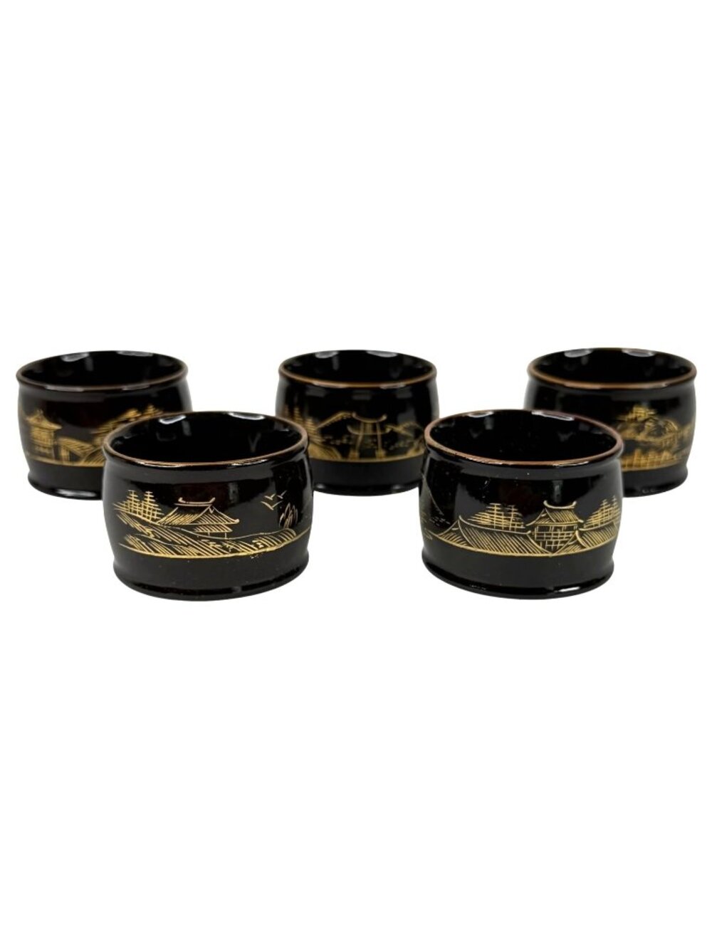 Vintage Set 5 Japanese Lacquer Napkin Rings Black & Gold Hand Painted Landscape
